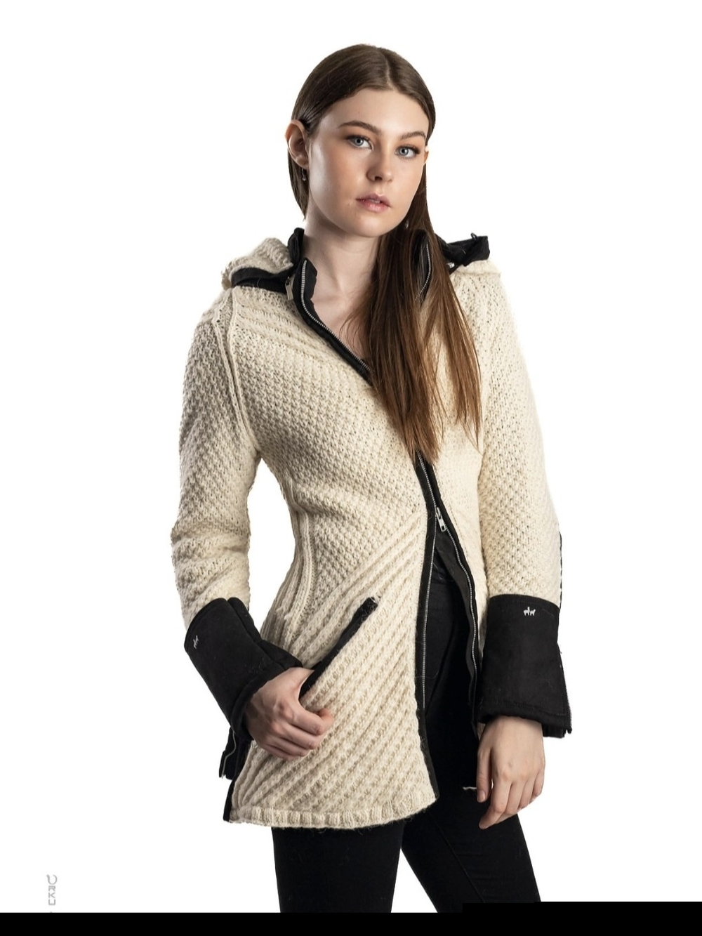 URKU Cream Knit Hooded Coat with Black Trim